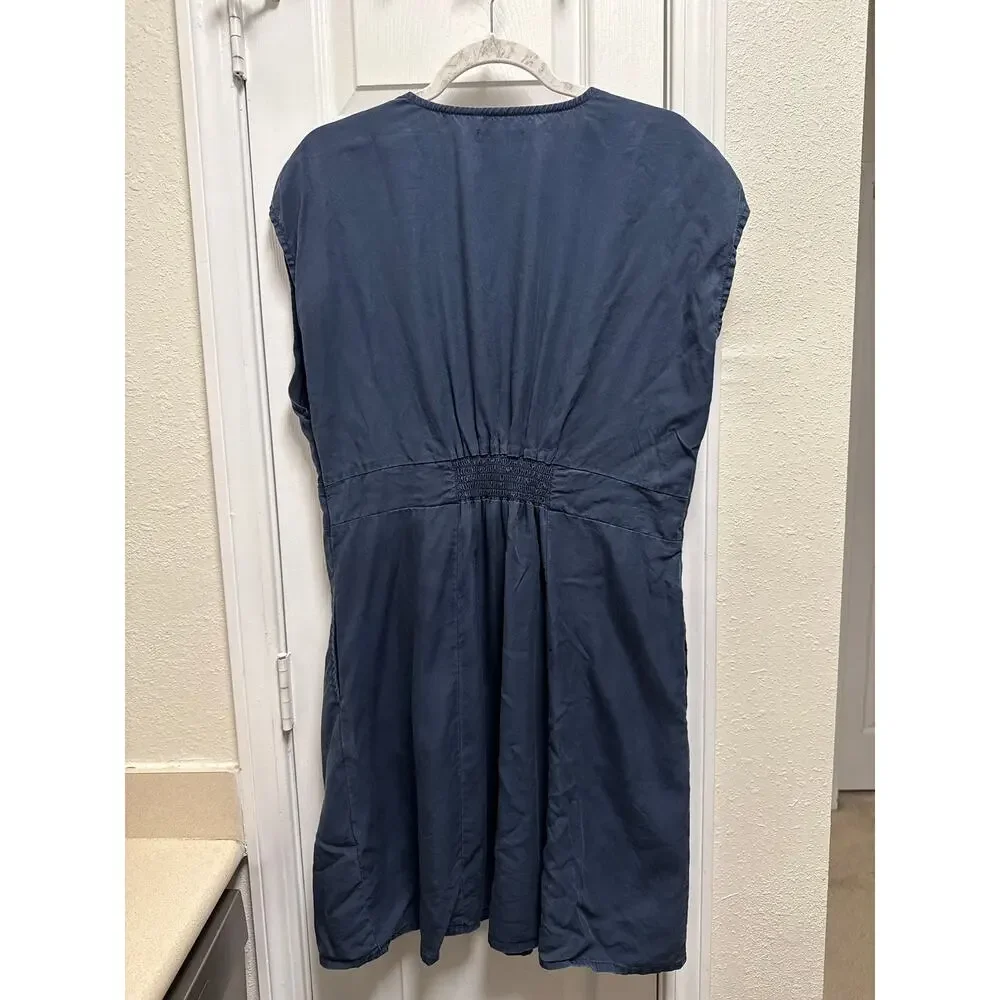 Quince Midnight Blue VNeck Button Down Cap Sleeve Minimalist Mini Dress Size XL